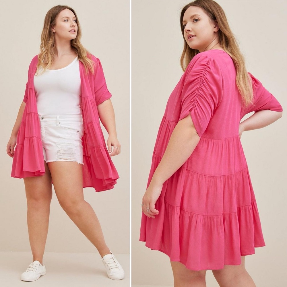 Torrid Ruffle Tiered Kimono Crinkle Gauze Neon Pink